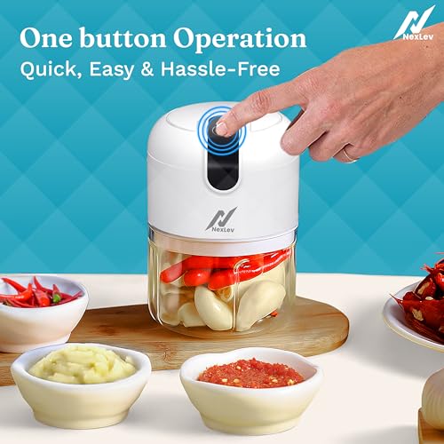 Image of NexLev Mini Electric Chopper | 3D Stainless Steel Blade | Food Grade Bowl | For Mincing Garlic Ginger Onion Vegetable Meat Nuts | 250 ml | One Touch Operation | MC-01