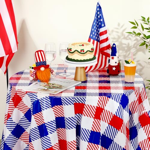 Image of 3 Pcs Disposable Round Patriotic Tablecloth 4th of July 84 Inch Plastic Tablecloth Red White and Blue Buffalo Plaid Memorial Day Table Cover for Independence Day Dinner Party