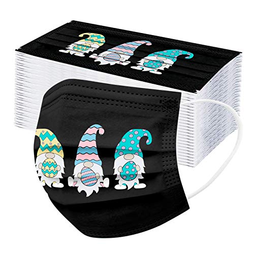 50PC Easter Disposable_Face_Mask 3 Ply for Adults Men Women Easter Gnome Rabbit Eggs Theme Printed Face_Covering,Breathable Safety Protective Bandanas
