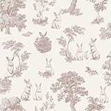 Hexoa Papier Peint Lapin Toile de Jouy Rose Blanc   Made in France   53x1000
