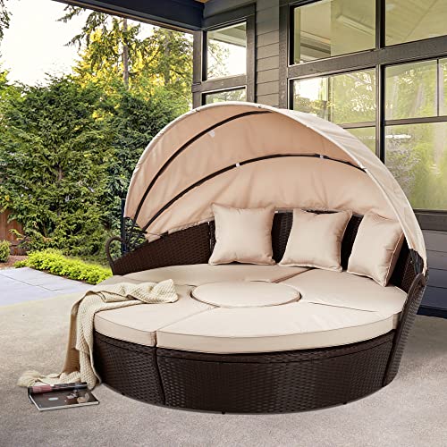 HOMREST Outdoor Sectional Round Sofa All-Weather Curved Daybed Patio Conversation Sets with Retractable Canopy/Coffee Table HOMREST Outdoor Sectional Round Sofa All-Weather Curved Daybed Patio Conversation Sets with Retractable Canopy/Coffee Table