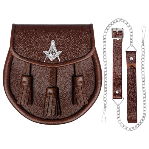 Image of Scottish Original Leather Sporran with Leather Belt & Chain (Brown Leather Masonic Sporran)