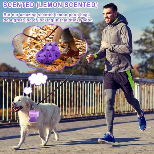 KDISHKRA Hundekotbeutel Kotbeutel für Hunde 432 Stück/24 Rollen, Auslaufsicher und Tragbar Dog Poop Bags mit Spender und Griff, Hundetüten mit Duft für Drinnen und Draußen Lila Groß (34 * 14cm)