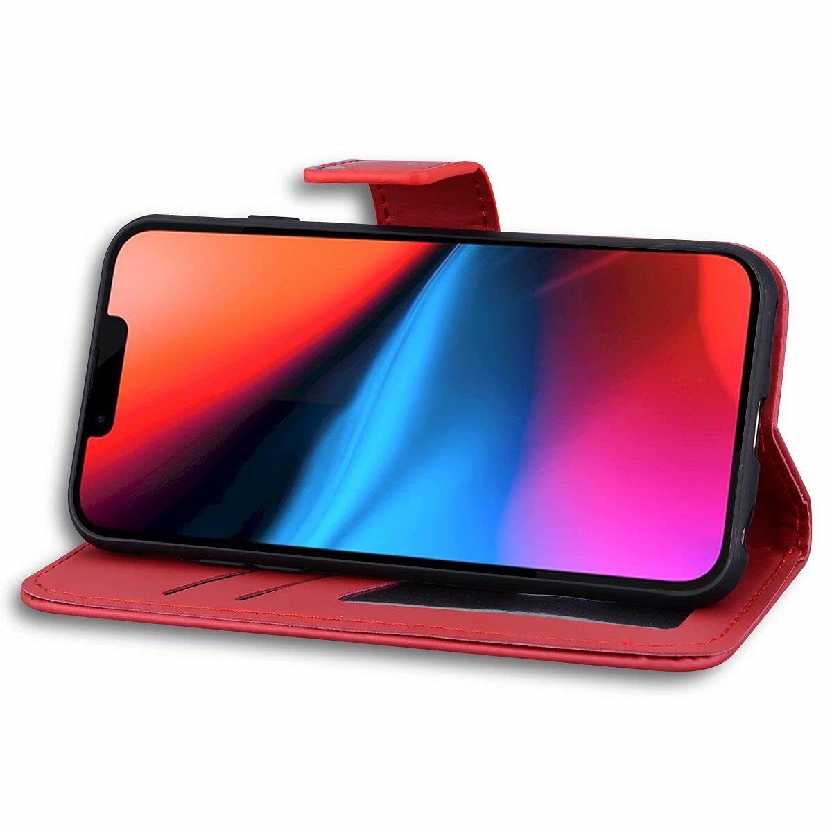 Custodia IPhone 13 A Portafoglio Con Motivo Gatto Rosso - Pelle PU, Supporto, Slot Carte, Chiusura Magnetica