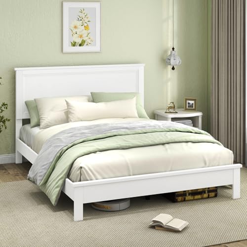 Image of GIANTEX Wood Queen Platform Bed Frame with Headboard, Mid Century Bed Frame with Solid Wood Legs & Wooden Slat Support, No Box Spring Needed, White Bed