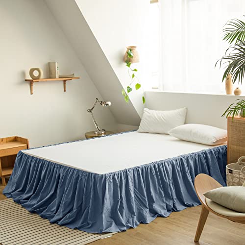 BISELINA French Linen Bed Skirt with Pleated Frills 22-Inch Tailored Drop Natural Flax Cotton Blend Dust Ruffle Soft Cozy Farmhouse Bedding (22" Twin, Ruffle Navy Blue)