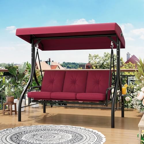 Garvee 3-Seat Outdoor Porch Swing with Adjustable Canopy, Convertible Patio Swing Bed with Stand, Thick Cushions & Cup Holders, Weather-Resistant Steel Frame for Backyard, Garden, Porch, Red
