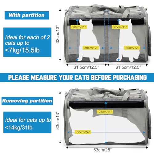 Tragbarer Transportwagen für Haustiere mit Rollen, faltbar, Fluggesellschaftsgröße für Katzen und Hunde bis zu 20 kg (60 × 40 × 45 cm), 2-in-1 abnehmbare Fächer, Grau + gratis Katzenspielzeug und
