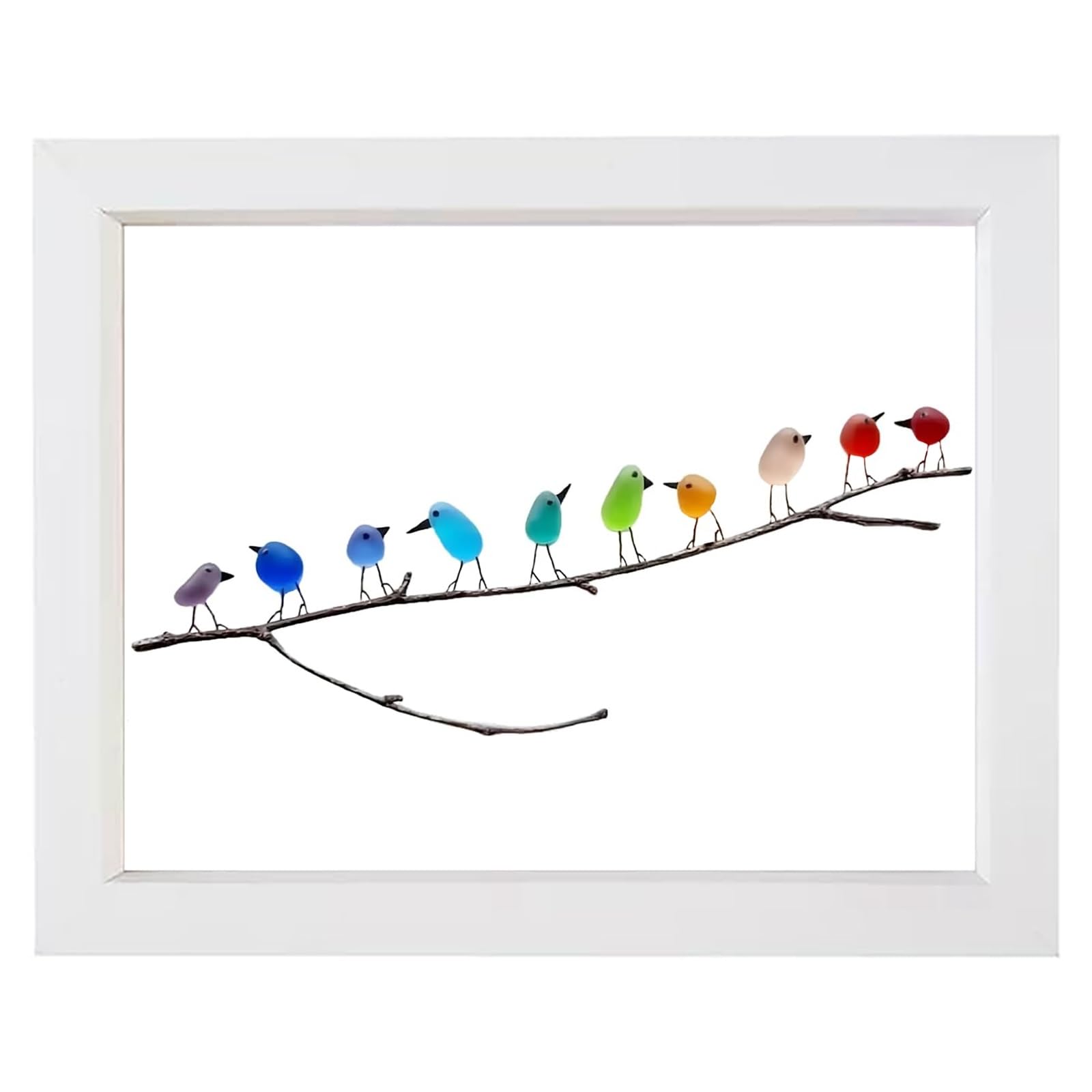 AHQCBWG Sea Glass Art, Sea Glass Rainbow Birds on Branch, Sea Glass Decor, Glass Wall Art, Glass Birds, Beach Wall Art, Housewarmings, Birthday and Wedding Gifts(10 Birds,White Frame)