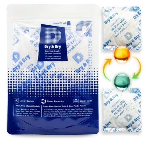 Image of Dry & Dry 50 Gram [5 Packs] Orange Indicating Mixed Silica Gel Packets Siilca Gel Desiccant - Rechargeable Moisture Absorbers for Food Storage, Electronics, 3D Filament & Safes