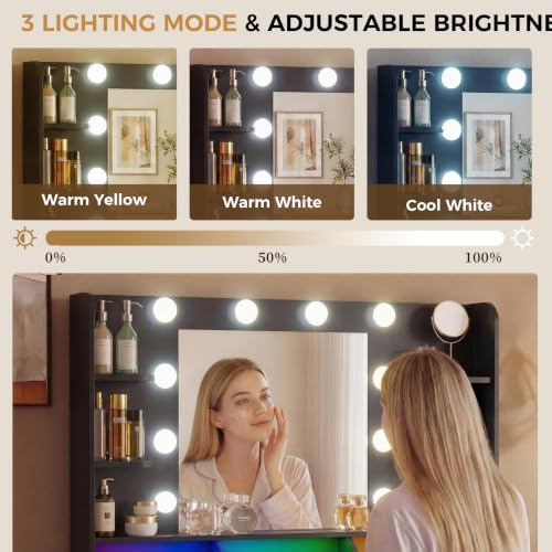 Image of LUCKRACER Vanity Desk with LED Lights Mirror & Charging Station, Black Makeup Vanity with Storage Drawers and Shelves, Modern Dressing Table for Women Girls Bedroom, Black