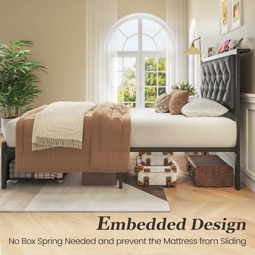Image of Fluest Twin Bed Frame with Storage Drawer, Upholstered Headboard Button Tufted Bed Frame with Charging Station, No Box Spring Needed, Noise-Free, All Metal Structure, Black