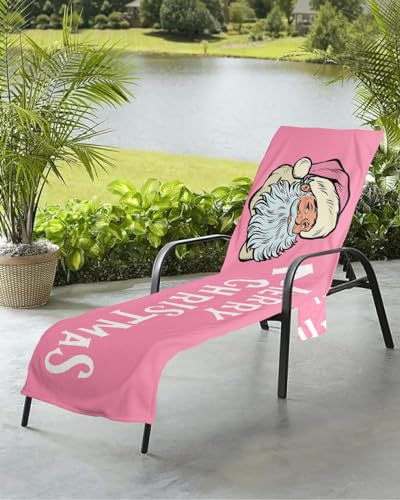 Xmas Santa Claus Beach Chair Towel Covers for Chaise Lounge with Side Pocket, Soft Plush Pool Towels Cover for Patio Sunbathing Outdoor 29''x85'' Merry Christmas Blush Pink