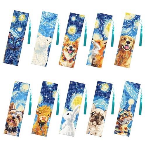 Marque-page acrylique strass 5D lot de 10 animaux et ciel étoilé pour débutant