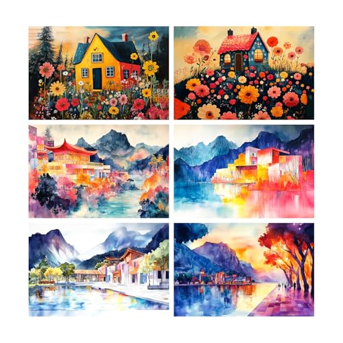 Image of SiddArtify Watercolor Landscape Wall Art Prints Set - Colorful House Poster Decor for Living Room Bedroom Office - 12x18 inch Board Pack of 6