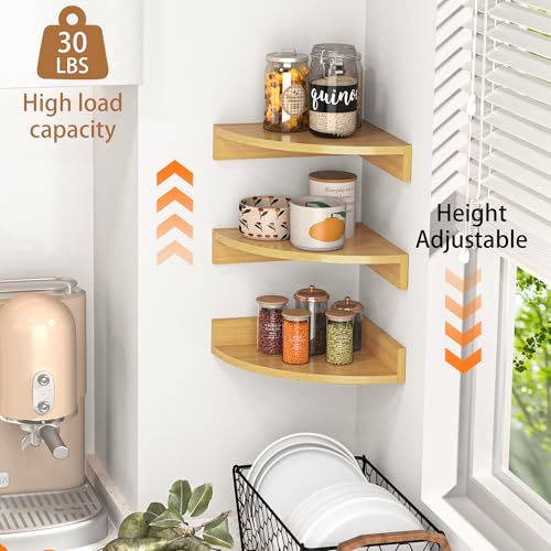Image of Fun Memories Corner Shelf Wall Mount, Wood Floating Corner Shelves, Corner Wall Shelf for Bedroom, Bathroom, Kitchen, Living Room (Oak, 3 Pack)