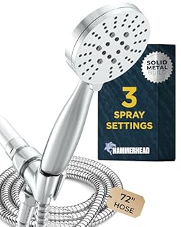 HammerHead Showers® Solid Metal 3-Spray Handheld Shower Head with Long Hose and Holder - CHROME - 2.5 GPM High Pressure Shower Head with Handheld Sprayer - WIDE, MASSAGE, and MIST Sprays