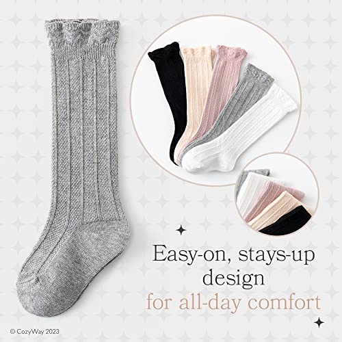 Cozyway Baby-Girls, Baby-Boys Knee High Socks For Girls, Ruffled Long Stockings, 5 Pairs, Neutral Pastels 0-6 Months #TOP3