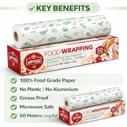 Image of UPYOG Food Wrapping Paper Roll 50 Meters | Butter Paper for Roti, Sandwich & Burger | Greaseproof, Microwave Safe | No Plastic, No Aluminium | Food Grade Paper (Pack of 2)