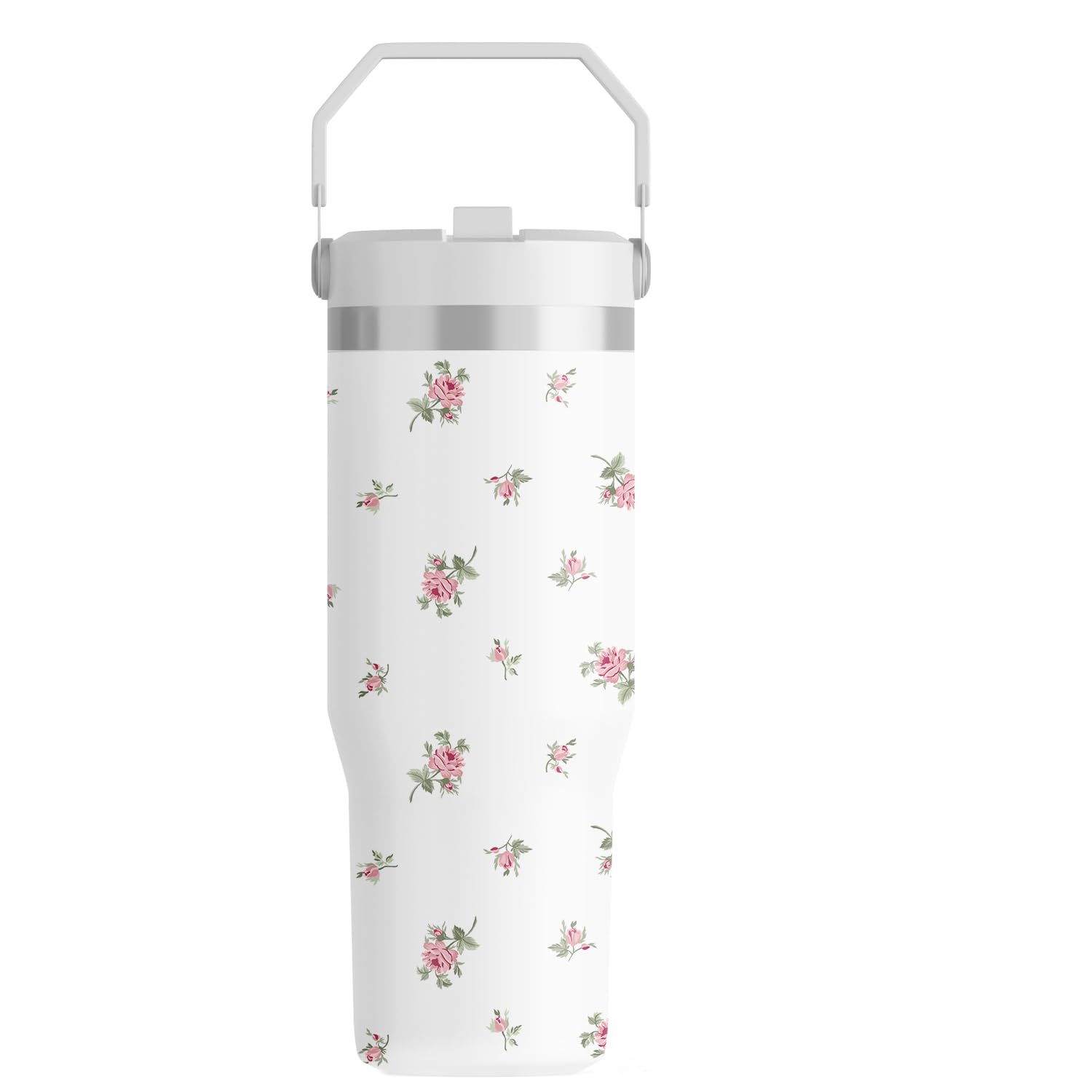 FOLAI Leakproof Flip Water Tumbler,30oz Stainless Steel Hot and Cold Water Bottle with Ergonomic Handle and Straw Keeps Cold For 12+ Hours,Ideal for Gym,Car,Beach-Easy to Carry Travel Mug(Floral)