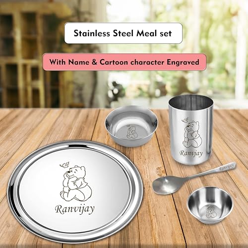 Image of SAVRI Personalized Stainless Steel Kids Meal Set - 6 Pieces - Customized Name & Cartoon Motif Engraved - Plate, Bowl, Spoon, Fork & Glass Combo - for Kids, Boy, Girl, Birthdays & Return Gifts