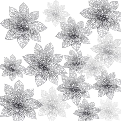 Yuqilin 24 Piezas Flores Arbol Navidad 3 Tamaños Flores Navidad con Purpurina Christmas Tree Decorations para Adornos Árboles Coronas Navideñas Adornos Envoltorios Regalos (Plata)