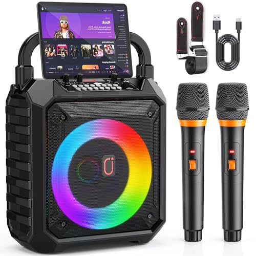 HWWR Karaoke Machine 2 Microphones, Portable Bluetooth Karaoke Speaker with DJ Lights for Party & Outdoor, Wireless Microphone Karaoke for Adults, Karaoke PA System Supports FM, USB, AUX, REC, TF