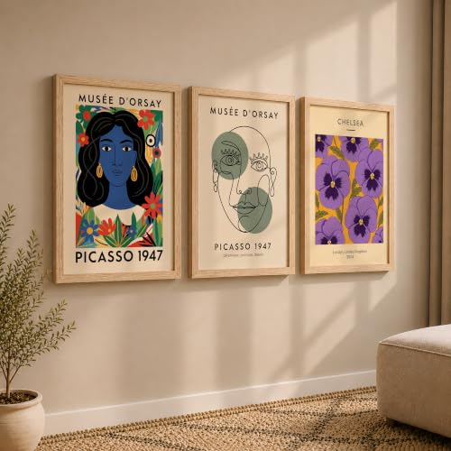 Image of NoWorries Modern Abstract Wall Art Frame | London Chelsea Floral Print & Picasso' Inspired Wall Art Paintings 300 GSM Premium Prints | Stylish Home Decor for Living Room, Office & Bedroom | Synthetic Wooden Wall Art Frames (Set of-3) (NATURAL, ART-3, 17X25INCHES)
