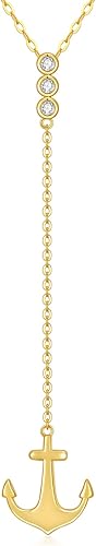 Collar Lariat de oro real de 14 quilates con ancla para mujer, collar de oro amarillo en forma de Y, regalo de cumpleañosdía de la madre para mamá,