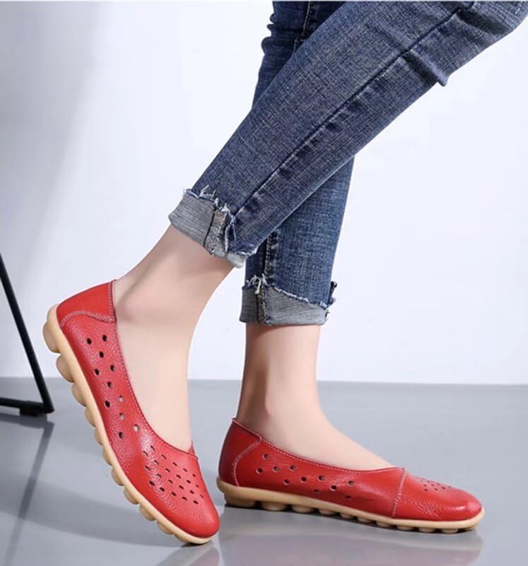 Wanphoo Women's Leather Flats Shoes Slip-Ons Casual Walking Driving Loafers Breathable Cutout US Size 9.5 Red | Image 3