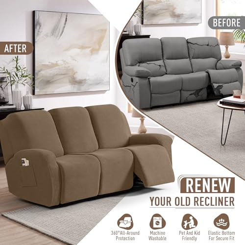 Image of TAOCOCO Recliner Sofa Covers 8-Pieces Stretch Large Couch Covers for 3 Seats Reclining Slipcovers Soft Jacquard Pattern Furniture Protector (Khaki)