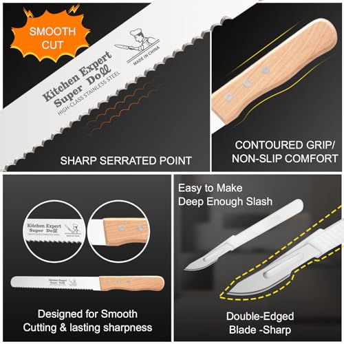 KNZIFPD Wavy Edge Serrated Bread Knife 8 Inch, Cuts Perfect Homemade Bread, Bagels, Cakes - Ultra Sharp Stainless Steel Blade with Comfort Grip Wood Handle, Scoring Cutter Includedr