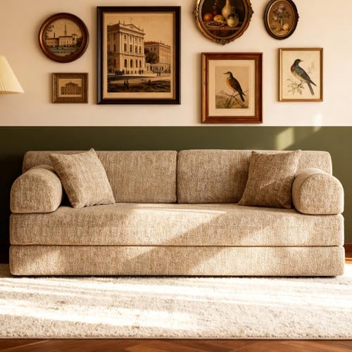 KEIKI 4-in-1 Folding Convertible Sofa Bed, 78" Oversized Loveseat Sleeper with Pull Out Bed, Corduroy Upholstered Boneless Apartment Size Couch for Living Room, Soft Chaise Lounge for Studio, Ochre