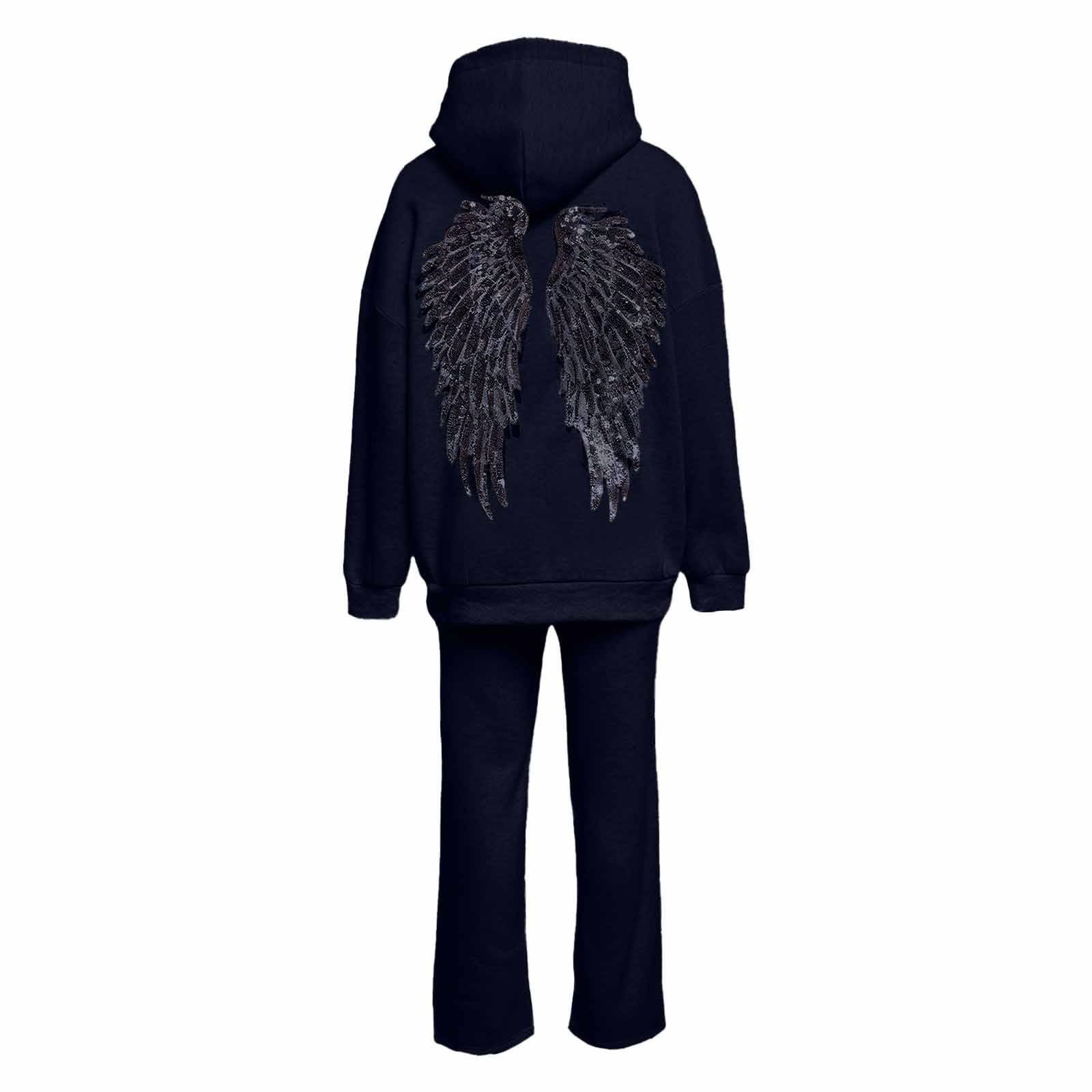 Generico Tuta Sportiva Donna Elegante 2 Pezzi, Felpa con Cappuccio e Pantaloni a Vita Elasticata, Decorato con Paillettes e Ali d'Angelo in Strass, Stile Streetwear Y2K per Autunno-Inverno