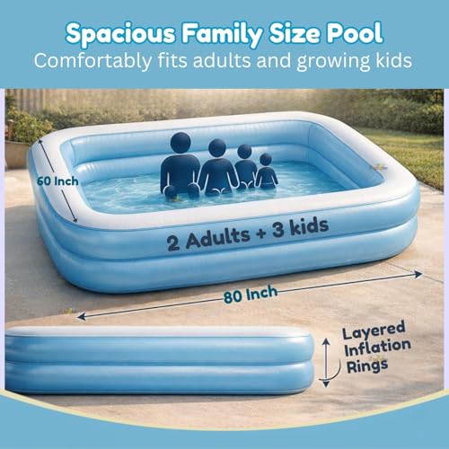 Image of 6.5 Ft Inflatable Swimming Pool for Adults & Kids with Electric Pump | Large Rectangular Family Pool | Thick PVC Leak-Proof Portable Bath Tub for Garden, Terrace, Outdoor Summer (B 6.5 Feet)