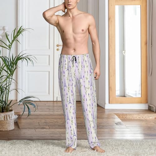 Mens Pajama Pants Bottoms With Pockets- Eiffel Tower Violet Soft Men Lounge Pants, Comfy Mens Pj Pants2
