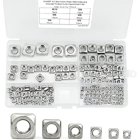 BIGP 150 Stück Vierkantmutter, M3 M4 M5 M6 M8 M10 Vierkantmuttern DIN 557 Edelstahl A2 V2A Rostfrei Einlegemutter Quadratmuttern mit Aufbewahrungsbox, für Holz Möbel Einlegemutter Cover