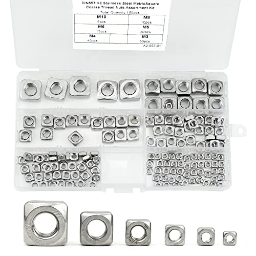 BIGP 150 Stück Vierkantmutter, M3 M4 M5 M6 M8 M10 Vierkantmuttern DIN 557 Edelstahl A2 V2A Rostfrei Einlegemutter Quadratmuttern mit Aufbewahrungsbox, für Holz Möbel Einlegemutter Cover