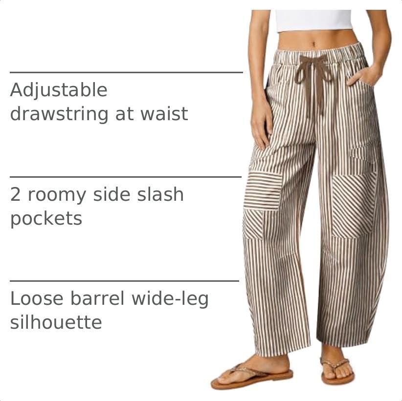 Image of TARSE Womens Striped Linen Barrel Pants with Pockets Y2k Patchwork