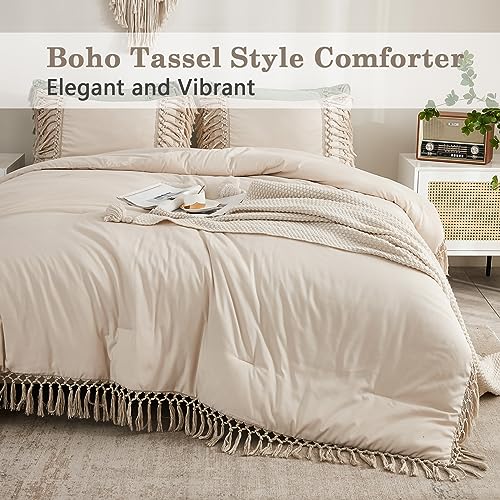 Image of Andency King Size Comforter Set Beige, 3 Pieces Boho Tassel Lightweight Soft Bedding Comforter Sets for King Bed, All Season Fluffy Bed Set (104x90In Comforter & 2 Pillowcases)