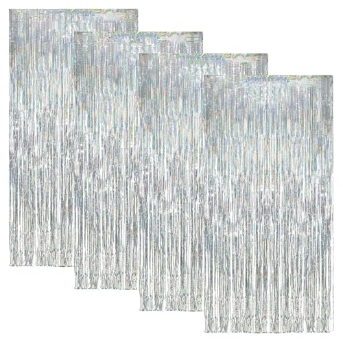 4 Pièces 1 m x 2.5 m Métallique Tinsel Argent, Rideau Argenté Anniversaire, Rideau Paillette, Rideau Argenté, Rideau Frange pour Deco Nouvel an, Disco,...