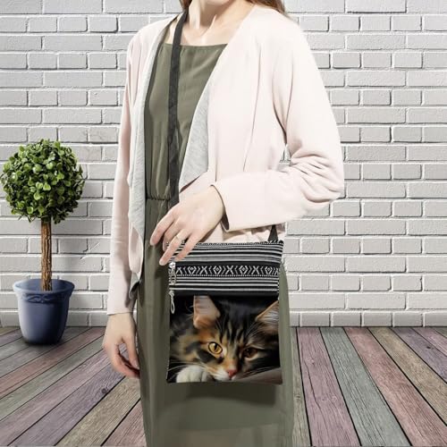 Tabby Cat Messenger Bag Small Ethnic Pattern Printed Adjustable Strap Crossbody Zipper Bag Tabby Cat Phone Bag Wallet Cute Shoulder Handbag for Women3