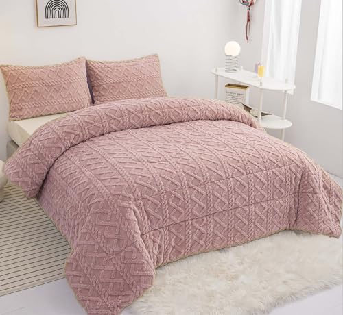 BESCH Edredón Invierno Borreguillo Nórdico 240x260cm para Cama 135/150 con 2 Funda Almohada - Edredón Borrego Sherpa Extra Suave, Cálido, Gruesa - Geométrica Rosa