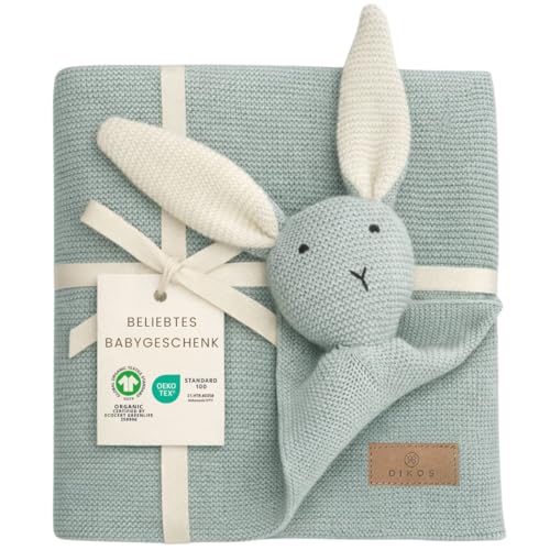 DIKOS Original 2-in-1 Babydecke & Kuscheltuch SCHMUSE-Hase (Mint) – schönes Geschenk zur Geburt für Neugeborene Mädchen/Junge – aus weicher Bio-Baumwolle (GOTS) – ideal als erstes Baby Kuscheltier