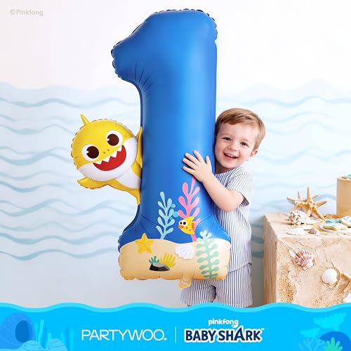 Image of PartyWoo Baby Shark Blue Foil Number 1 Balloon 40 Inch Blue Mylar Helium Birthday Number Balloons for Boys and Girls Baby Shark Under the Sea Ocean Theme Kids First Birthday Party Decorations