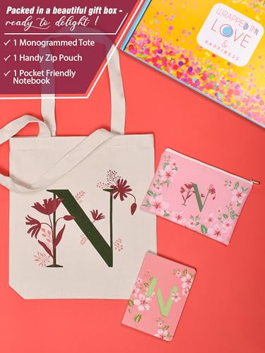 Image of DOODLE Monogram N Diary Gift Set with Tote Bag and Pouch | B6 Soft Bound Ruled Notebook | Stationery Gift Set for Women