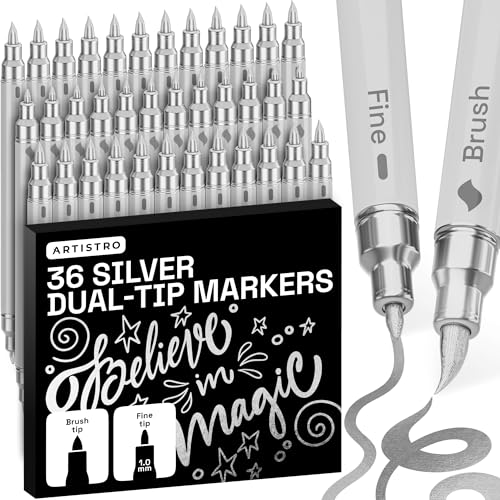 Image of ARTISTRO 36 Silver Acrylic Paint Markers - Paint Pens for Drawing - For Fabric, Rock, Glass, Wood, Molds - Arts & Crafts Gift for Adults, Teens, Kids, Classroom Must Haves & School Supplies