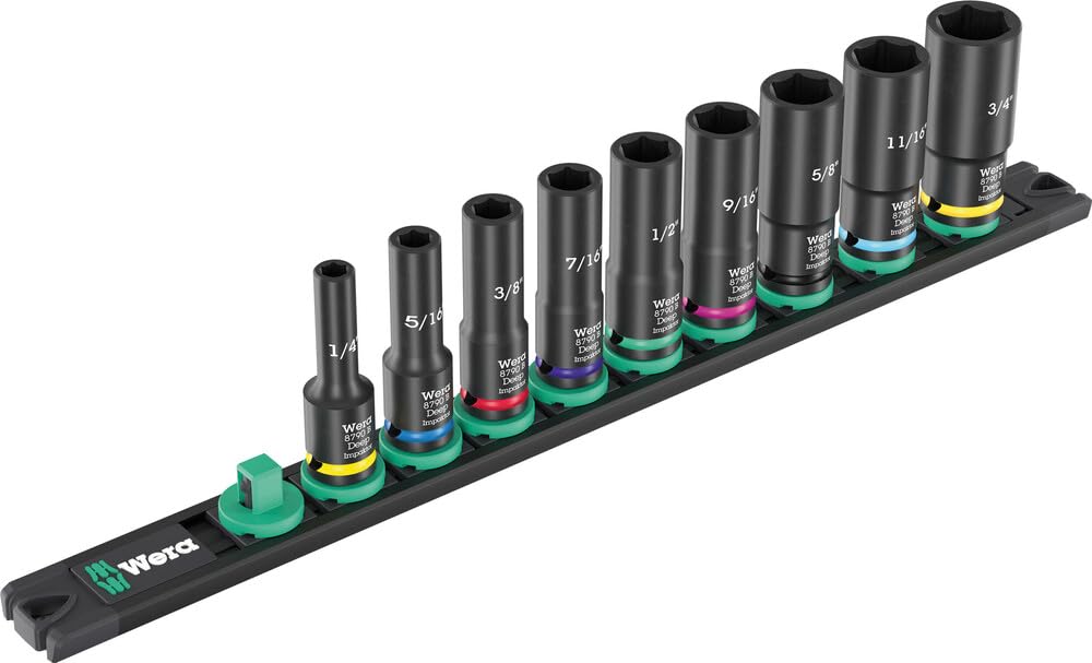 Wera 9661 Magnetic Rail B Impaktor Deep Imperial 1 Socket Set, 3/8" Drive, 9 Pieces, Multicolour