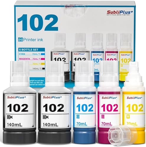 102 Ink Refill Bottles Multipack Replacement Compatible for Epson Eco Tank ET-2750 ET-2850 ET-3750 ET-15000 ET-2700 ET-2751 ET-2756 ET-2851 ET-2856 ET-3700 ET-3850 ET-4750 ET-4850 ET-4856 5-Pack