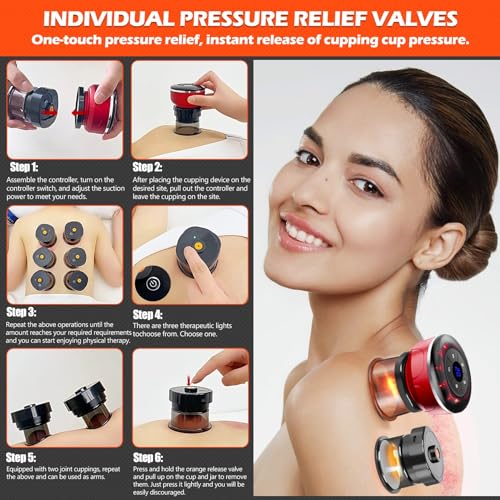 Image of 4-in-1 Electric Cupping Therapy Set with 8 Cellulite Massage Cups with 12 Modes Suction,Smart Dynamic Cupping Therapy Set for Ease Fatigue, Muscle Soreness and Skin Tightening(Red)